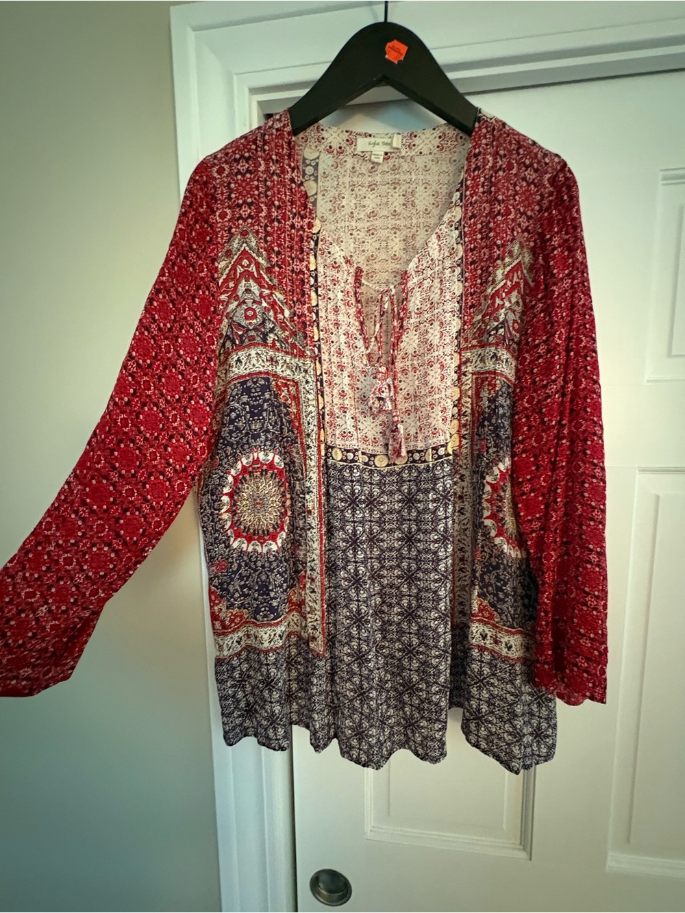 Boho Tie-Neck Blouse in Red Multi